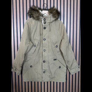 Abercrombie & Fitch Jacket Medium Mens Beige Army Canvas Fur Trim Chunky Coat